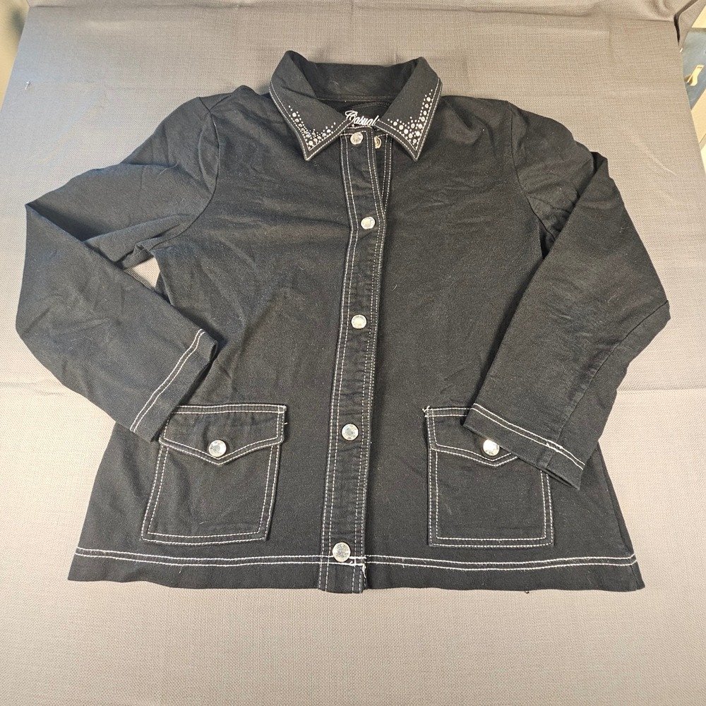 Onque Casuals Black Cotton Rhinestone‎ Collar Contrast Stitch Jacket Mens M
